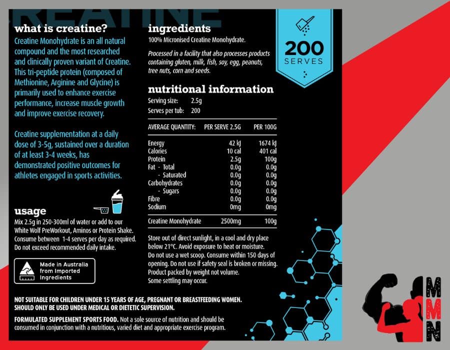 A nutrition panel of White Wolf Nutrition Creatine 500g supplement, placed on a red and grey background. The panel includes information about the supplement's ingredients, serving size, and nutritional facts. The Me Muscle Nutrition logo is located in the bottom right-hand corner of the image.