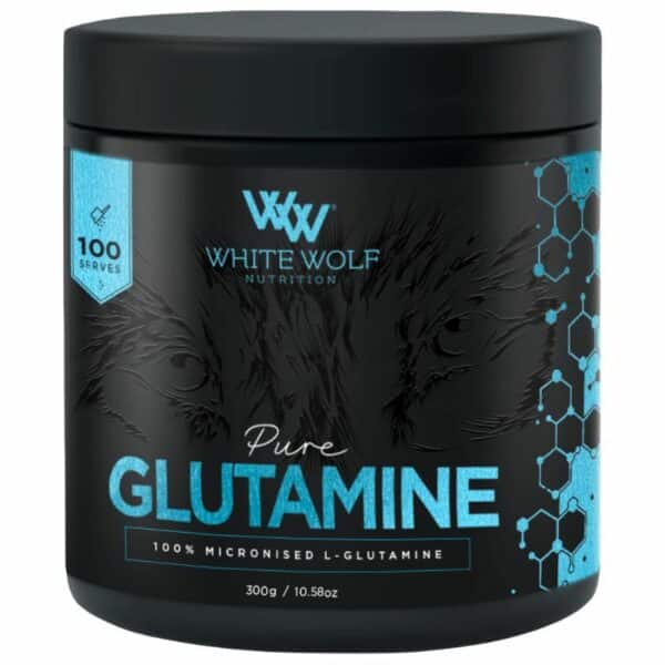 A close-up digital rendering of the White Wolf Nutrition Glutamine 100 serves supplement container, placed on a white background. The label on the container is clearly visible, and the supplement's name is legible. The design and details of the container are shown in high definition.