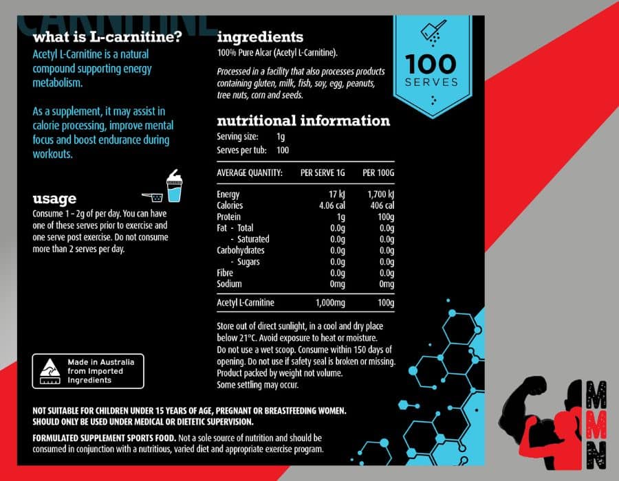 A nutrition panel of White Wolf Nutrition L-Carnitine 100 Serves supplement, placed on a red and grey background. The panel includes information about the supplement's ingredients, serving size, and nutritional facts. The Me Muscle Nutrition logo is located in the bottom right-hand corner of the image.
