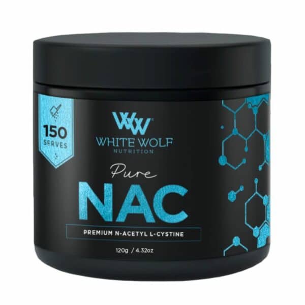 A close-up digital rendering of the White Wolf Nutrition NAC 150 Serves supplement container, placed on a white background. The label on the container is clearly visible, and the supplement's name is legible. The design and details of the container are shown in high definition.