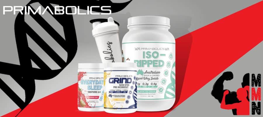 A website banner featuring a close-up image of Primabolics Iso-Ripped + Grind + Everyday-Sleep Work-out and Recovery Bundle, placed on a red and grey background. The supplement container is visible, with the Primabolics and Me Muscle Nutrition logos displayed prominently on the label.