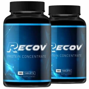 A close-up digital rendering of the Recov Twin Pack – Bi-Peptide Protein Concentrate supplement containers, placed on a white background. The label on the containers is clearly visible, and the supplement's name is legible. The design and details of the containers are shown in high definition.