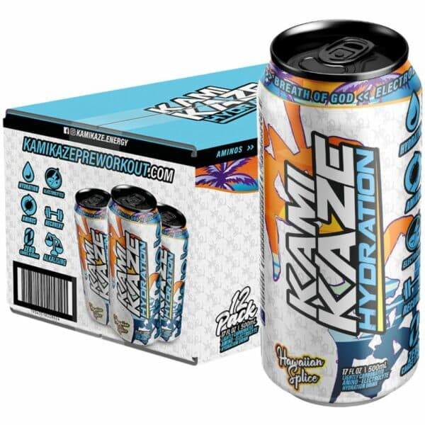 A close-up digital rendering of the Athletic Sport Kamikaze Hydration RTD 12 pack Hawaiian Splice, flavour box and can, placed on a white background. The label on the box and can is clearly visible, and the supplement's name is legible. The design and details of the can are shown in high definition.