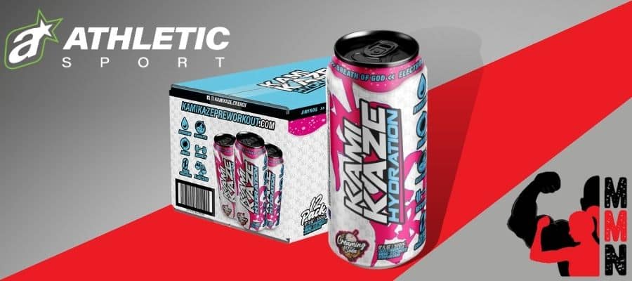 A website banner featuring a close-up image of Athletic Sport Kamikaze Hydration RTD 12 pack, placed on a red and grey background. The supplement can is visible, with the Athletic Sport and Me Muscle Nutrition logos displayed prominently on the label.
