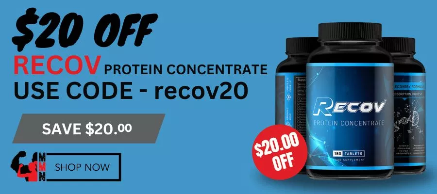 Banner promoting $20 off Recov Protein Concentrate with code 'recov20'. Features three bottles of Recov tablets, a red $20 off badge, and Me Muscle Nutrition shop now button.