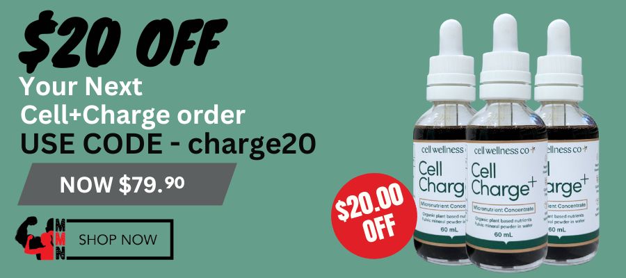 Cell Charge+ micronutrient concentrate by Cell Wellness Co on sale at Me Muscle Nutrition, use code charge20 to save $20 on your next Cell Charge order, now $79.90 for 60ml bottles.