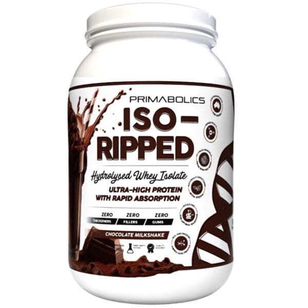 A white tub of Primabolics ISO-Ripped Hydrolysed Whey Isolate protein powder in the Chocolate Milkshake flavour. The label highlights "Ultra-High Protein with Rapid Absorption" and features claims of zero thickeners, zero fillers, and zero gums. The design includes chocolate splashes, a chocolate bar, and a DNA helix graphic.