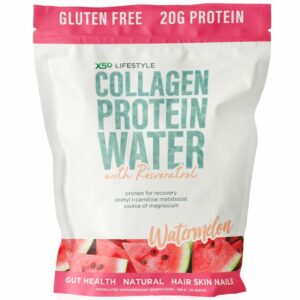 The image shows a 780g package of X50 Lifestyle Collagen Protein Water in Watermelon flavor. The packaging prominently displays features such as Gluten Free and 20g Protein at the top. The product name, Collagen Protein Water, is in large aqua-colored text, with with Resveratrol written underneath in a smaller orange cursive font. Below the title, it lists key benefits like protein for recovery, acetyl L-carnitine metabost, and source of magnesium. The lower portion of the packaging shows vibrant images of watermelon slices, corresponding to the flavor. Additionally, the bottom of the package highlights benefits such as Gut Health, Natural, and Hair, Skin, Nails in white text against a bright red band.