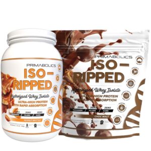 Post-Christmas Weight Gain - Primabolics ISO-RIPPED Hydrolysed Whey Isolate containers in Peanut Brittle and Choc Malt flavours. Features include ultra-high protein, rapid absorption, and zero fillers, gums, or thickeners.