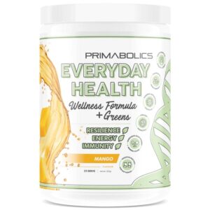 Post-Christmas Weight Gain - Primabolics Everyday Health - Wellness Formula + Greens in Mango flavor, designed to enhance resilience, energy, and immunity with added digestive support.