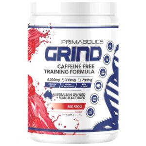 Post-Christmas Weight Gain - Primabolics Grind Non-Stim Pre-Workout - Caffeine-free training formula with Citrulline Malate, Creatine Monohydrate, and Beta-Alanine in Red Frog flavor, designed to enhance performance and endurance.