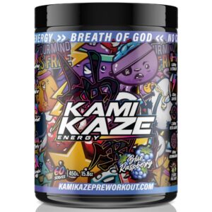 Athletic Sport Kamikaze Energy Pre-Workout (Blue Raspberry flavour) – 450g container with vibrant graffiti-style artwork and cartoon characters. Features bold Kamikaze logo, highlights 60 serves, 425mg caffeine, and Blue Raspberry flavour.