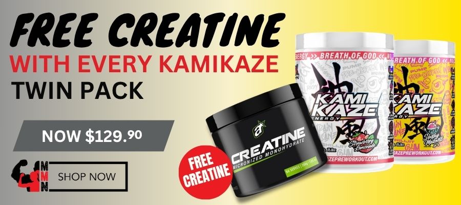 Athletic Sport Kamikaze Energy twin pack offer with FREE Creatine Monohydrate. Includes product images of Kamikaze pre-workout tubs in Strawberry Lemonade and Mango Guava, plus a black tub of Creatine. Price listed as $129.90 with 'Shop Now' button.