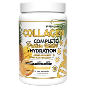 Primabolics Collagen Complete Protein Water Paradise Fruits – 30 serves tub, created for hydration and daily wellness.