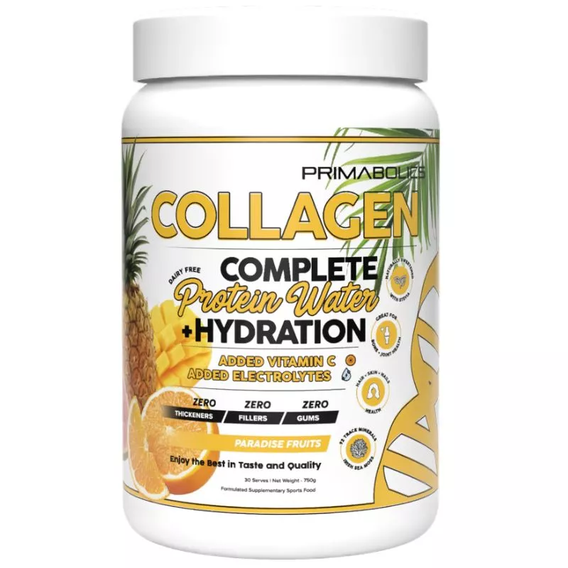 Primabolics Collagen Complete Protein Water Paradise Fruits – 30 serves tub, created for hydration and daily wellness.