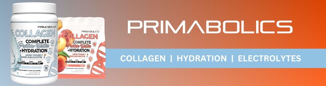 Banner for Primabolics Collagen Complete Protein Water + Hydration featuring two product containers with fruit and water splash graphics. Text reads: “PRIMABOLICS – COLLAGEN | HYDRATION | ELECTROLYTES” on a blue and orange gradient background.
