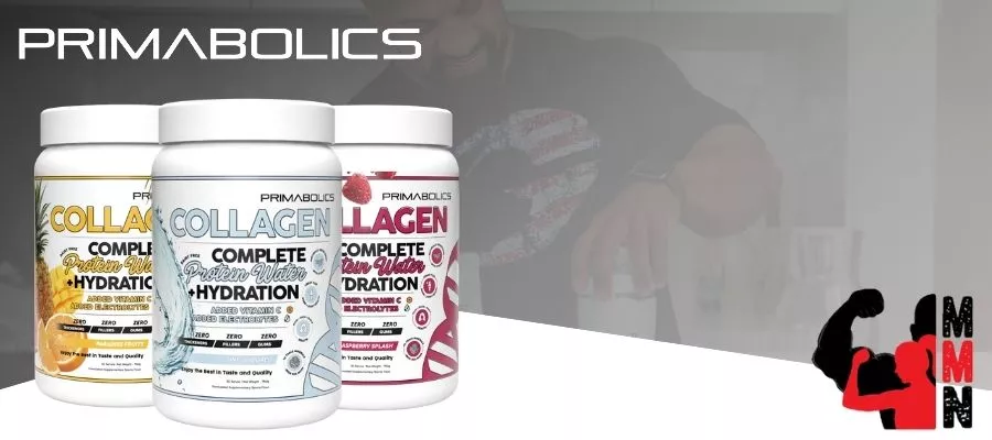 primabolics complete collagen protein water banner featuring three tubs in the foreground – mango, coconut, and raspberry flavours. the background shows a person pouring a drink with a faded overlay, alongside the primabolics logo at the top left and the me muscle nutrition (mmn) logo at the bottom right.