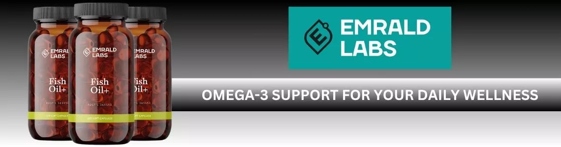 Three bottles of Emrald Labs Fish Oil+ displayed beside the Emrald Labs logo with the tagline "Omega-3 support for your daily wellness" on a grey gradient background.