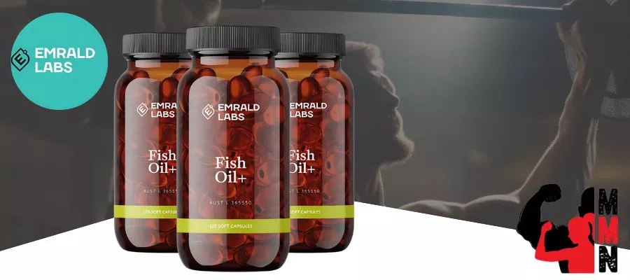 Banner showing three bottles of Emrald Labs Fish Oil+ with Emrald Labs and Me Muscle Nutrition logos, set against a fitness-themed background.