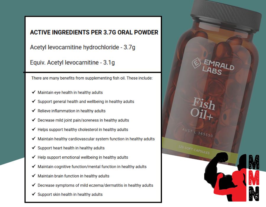 Product image of Emrald Labs Fish Oil+ with a benefits list for healthy adults, including general wellness, joint support, heart health, and brain function.