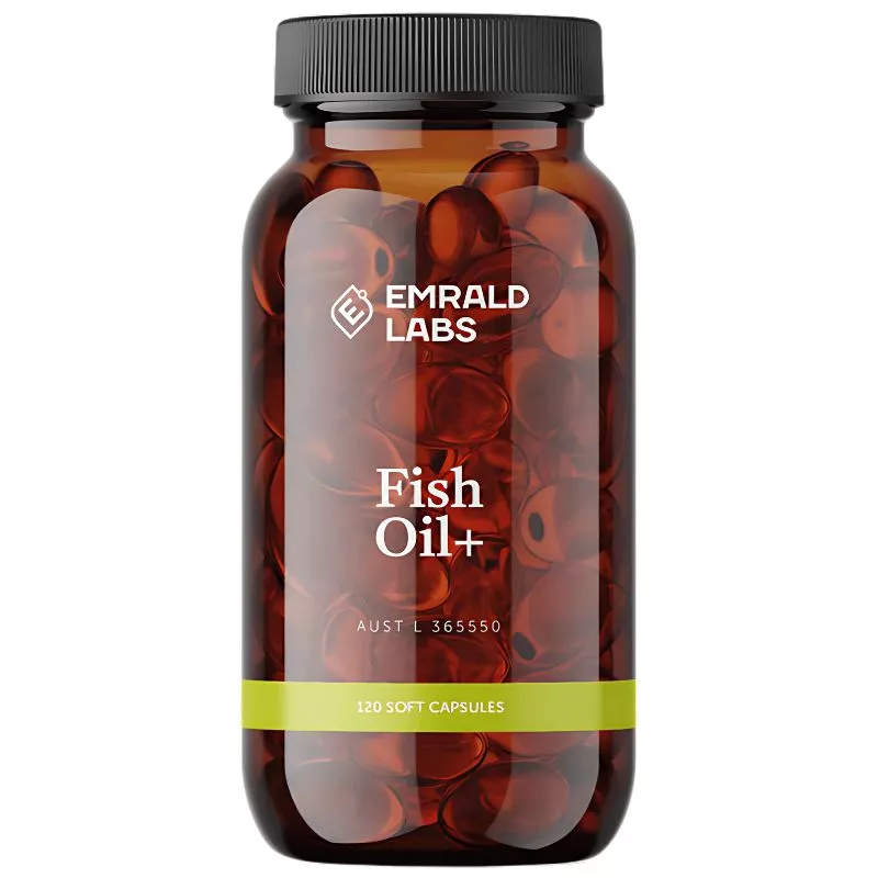 Amber bottle of Emrald Labs Fish Oil+ featuring 120 soft capsules, displayed against a white background