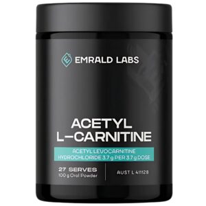 Black tub of Emrald Labs Acetyl L-Carnitine 100g powder – front label with product name and dosage details.
