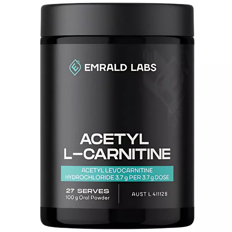 Black tub of Emrald Labs Acetyl L-Carnitine 100g powder – front label with product name and dosage details.