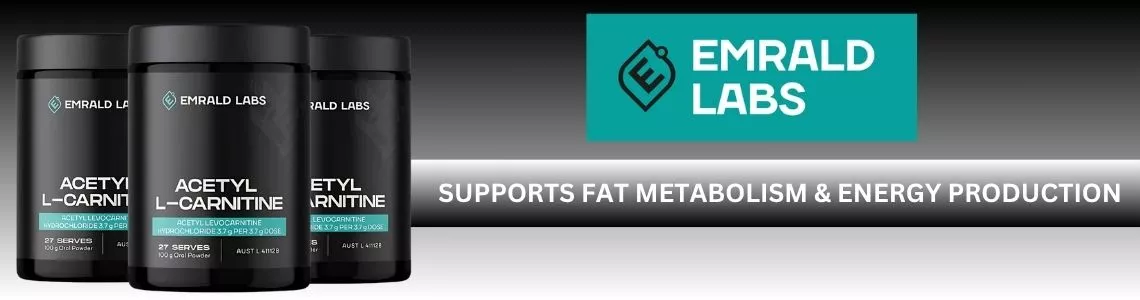 Three tubs of Emrald Labs Acetyl L-Carnitine powder shown with Emrald Labs logo and the tagline “Supports Fat Metabolism & Energy Production” on a gradient background.