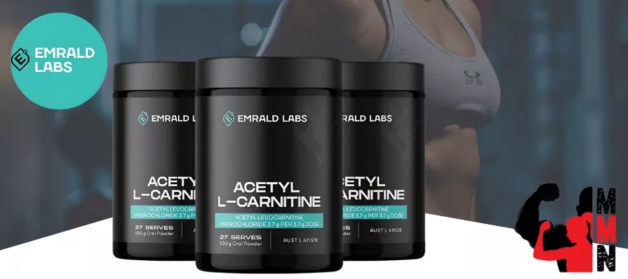 Three tubs of Emrald Labs Acetyl L-Carnitine powder displayed in front of a fitness-themed background with Emrald Labs and Me Muscle Nutrition logos.