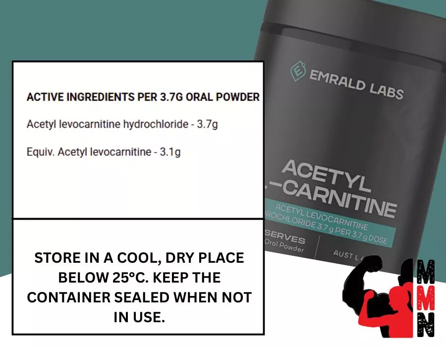 Supplement facts and storage instructions for Emrald Labs Acetyl L-Carnitine 100g powder, showing active ingredient amounts per 3.7g serve.