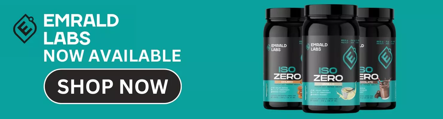 Wide promotional banner for Emrald Labs ISO ZERO protein, featuring Churro, Vanilla, and Chocolate flavours, with “Now Available” and “Shop Now” call to action on teal background.