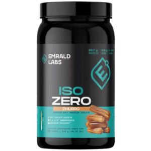 Emrald Labs Iso Zero Whey Protein Isolate in Churro flavour – 810g tub featuring teal and black packaging with churro imagery on the label.
