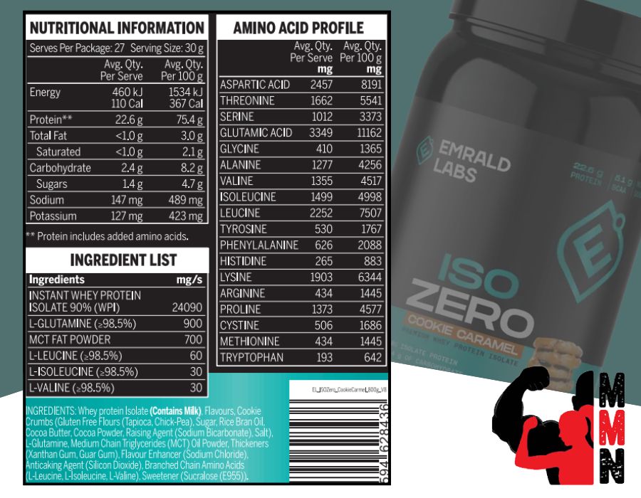 Nutrition information panel for Emrald Labs Iso Zero Cookie Caramel protein powder, including amino acid profile, serving size details, and product packaging.