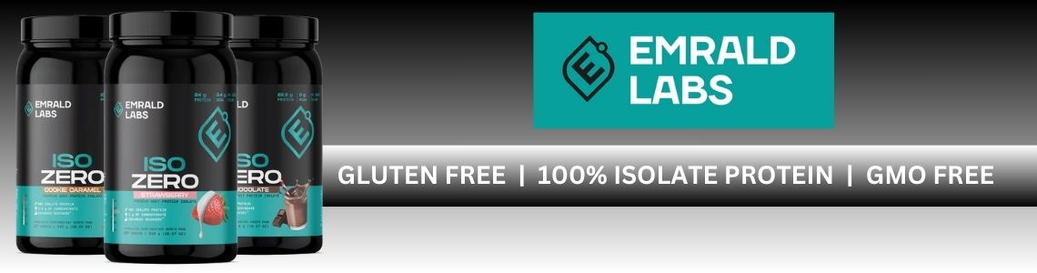 Emrald Labs Iso Zero banner featuring Cookie Caramel, Strawberry, and Chocolate protein tubs with text highlighting "Gluten Free | 100% Isolate Protein | GMO Free" and the Emrald Labs logo.