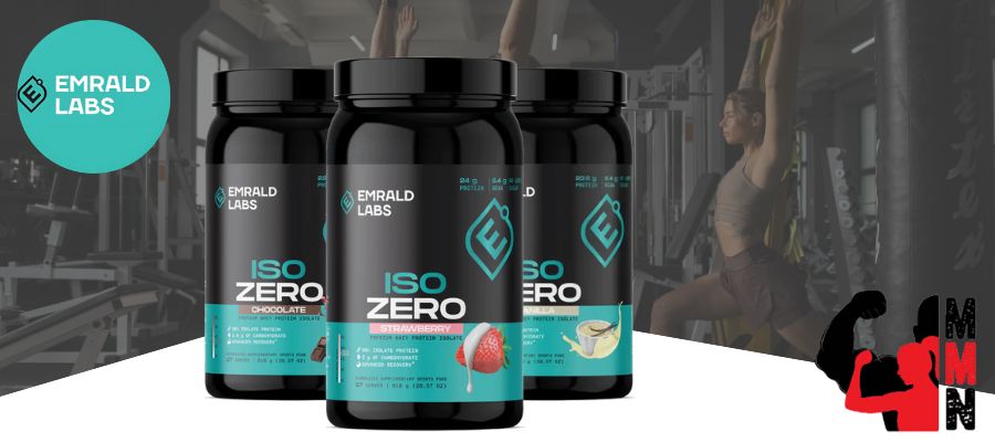 Emrald Labs Iso Zero product banner featuring Chocolate, Strawberry, and Vanilla protein tubs with a gym background and Me Muscle Nutrition logo.