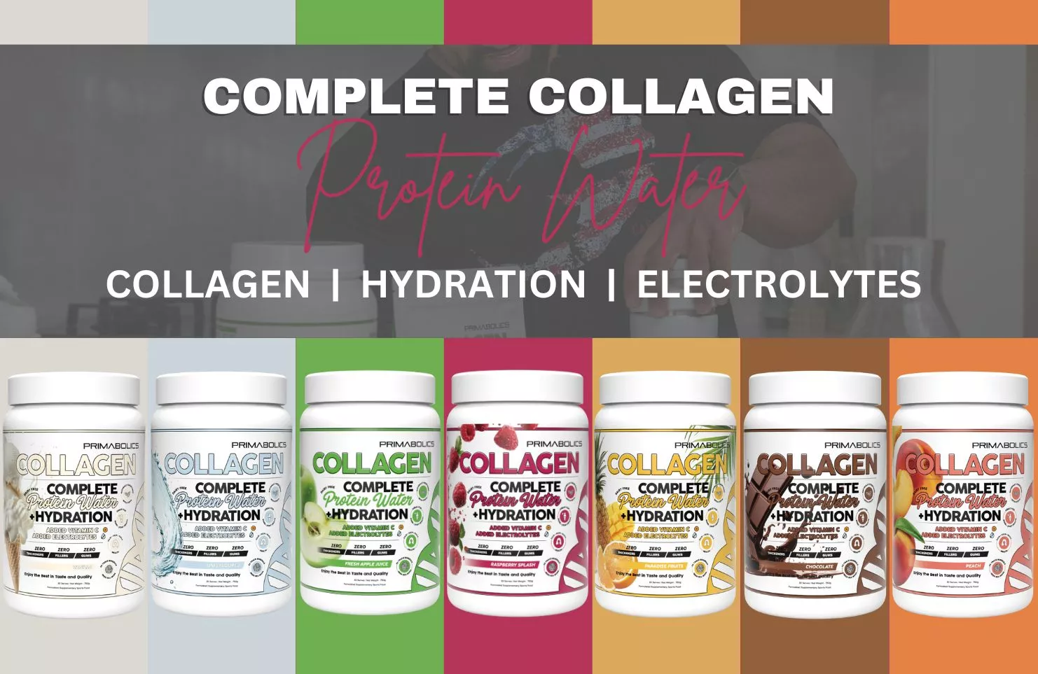 Banner image showcasing the Primabolics Complete Collagen Protein Water range. The banner highlights key benefits — Collagen | Hydration | Electrolytes — with seven different flavour tubs displayed below in a row, each with unique label colours. Text overlay reads "COMPLETE COLLAGEN Protein Water."