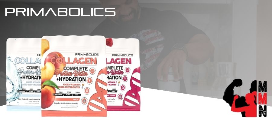 Primabolics Complete Collagen Protein Water 15-Serve Bags in three flavours – Blueberry, Peach, and Raspberry – with hydration benefits, displayed on a branded banner with the Me Muscle Nutrition logo.