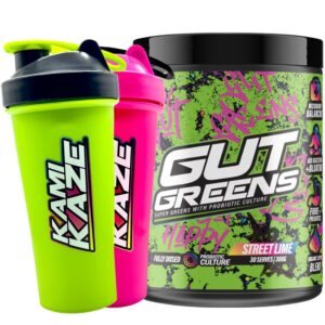 Athletic Sport Gut Greens Street Lime 30-serve tub with two Kamikaze shakers in green and pink. Promotional bundle image for Me Muscle Nutrition.