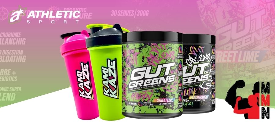 Promotional banner featuring Athletic Sport Gut Greens tubs in Street Lime and Peach Mango flavours, alongside two Kamikaze shakers in pink and green. Includes Athletic Sport and Me Muscle Nutrition logos.