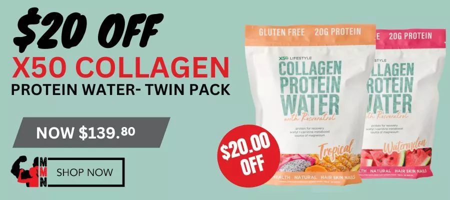 Promotional banner for Me Muscle Nutrition featuring $20 off the X50 Collagen Protein Water Twin Pack. The image shows two protein water bags in Tropical and Watermelon flavours, with a red circle displaying "$20.00 OFF." Price is listed as $139.80, and a “Shop Now” button with the Me Muscle Nutrition logo is shown on the left.