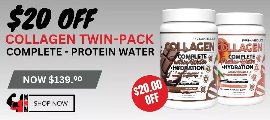 Promotional banner for Me Muscle Nutrition advertising $20 off the Primabolics Collagen Complete Protein Water Twin Pack. The image features two tubs in Chocolate and Peach flavours, with a red "$20.00 OFF" badge and a listed price of $139.90. The background has a grey gradient, and the Me Muscle Nutrition "Shop Now" button appears on the left.