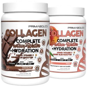 Primabolics COMPLETE Collagen Protein Water Twin-Pack featuring Chocolate and Peach flavours. Each tub includes 30 serves with added electrolytes and vitamin C.