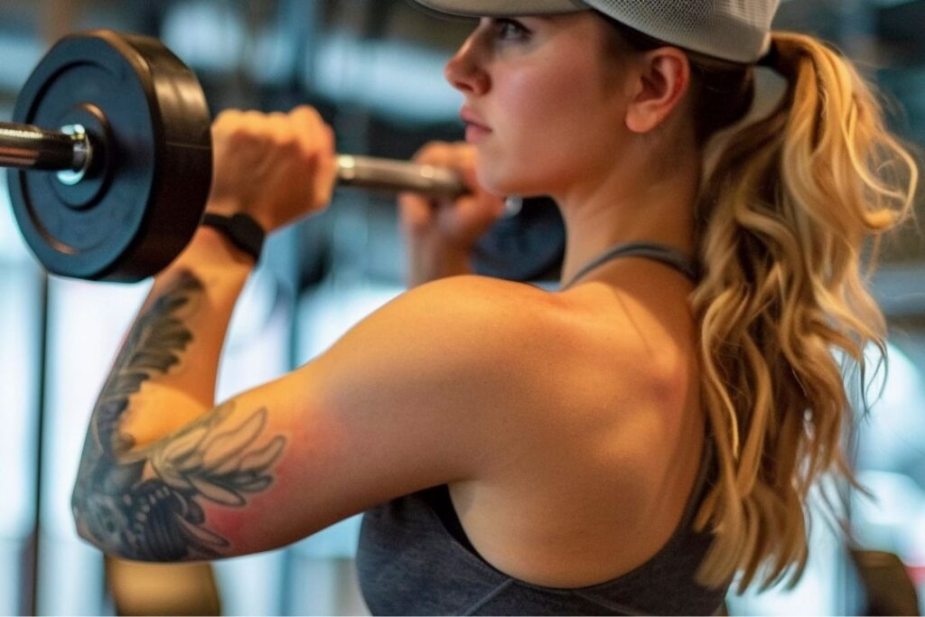 Woman lifting barbell during winter workout – demonstrating strength and consistency as part of winter fitness tips.
