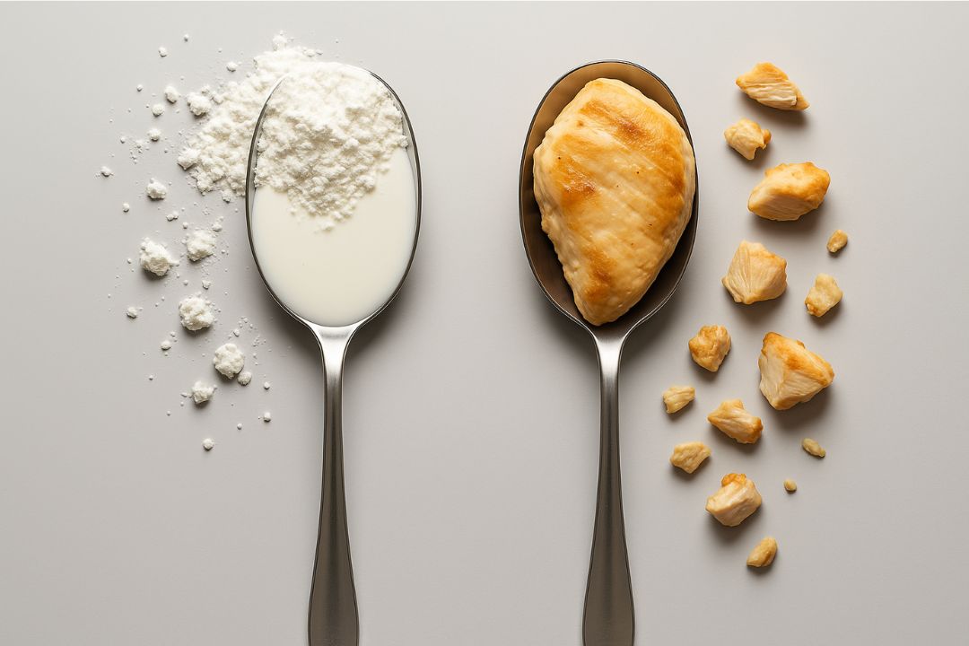 protein powder vs whole food – protein powder and grilled chicken breast side by side on spoons