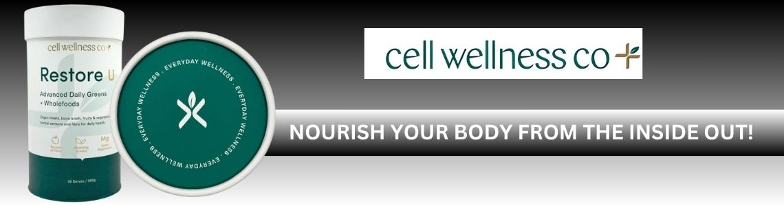 Me Muscle Nutrition – Cell Wellness Co Restore U Advanced Daily Greens packaging and lid, with slogan 'Nourish your body from the inside out' on a black gradient background.