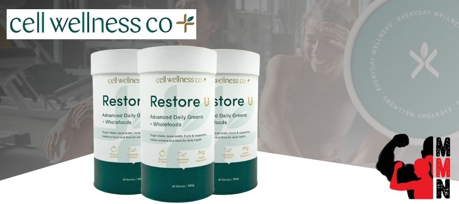 Cell Wellness Co Restore U Advanced Daily Greens + Wholefoods tubs displayed in a row with Me Muscle Nutrition branding on a fitness-themed background.