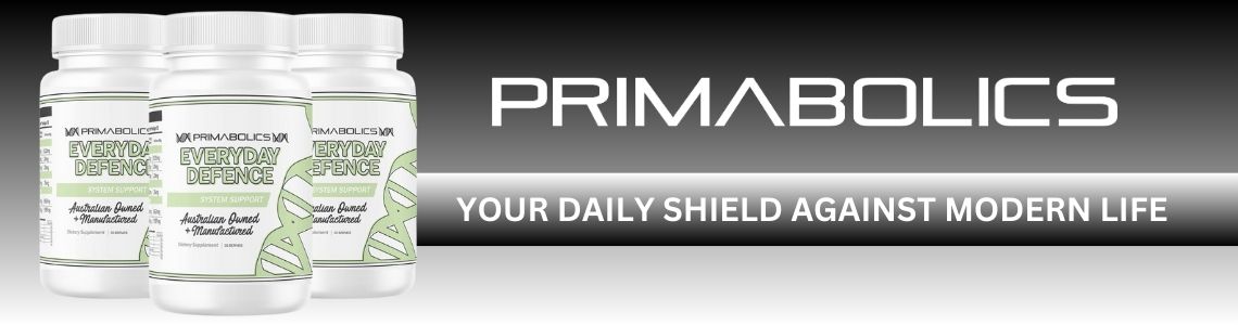 Primabolics Everyday Defence bottles displayed on a sleek black and grey banner with bold text reading 'Your Daily Shield Against Modern Life' – available now at Me Muscle Nutrition.