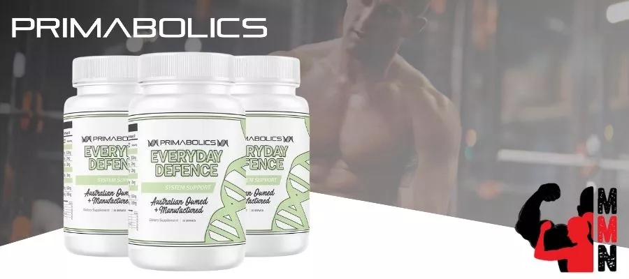 Primabolics Everyday Defence supplements displayed in a banner with Me Muscle Nutrition logo – premium organ and system support formula for daily wellness.