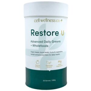 Cell Wellness Co Restore U Advanced Daily Greens + Wholefoods tub, 30 serves, displayed in white and green packaging – available at Me Muscle Nutrition.