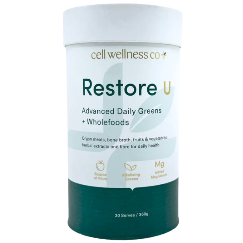 Cell Wellness Co Restore U Advanced Daily Greens + Wholefoods tub, 30 serves, displayed in white and green packaging – available at Me Muscle Nutrition.